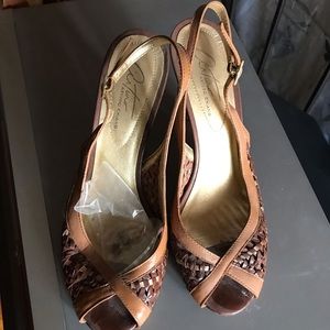 Tan peep toe heels